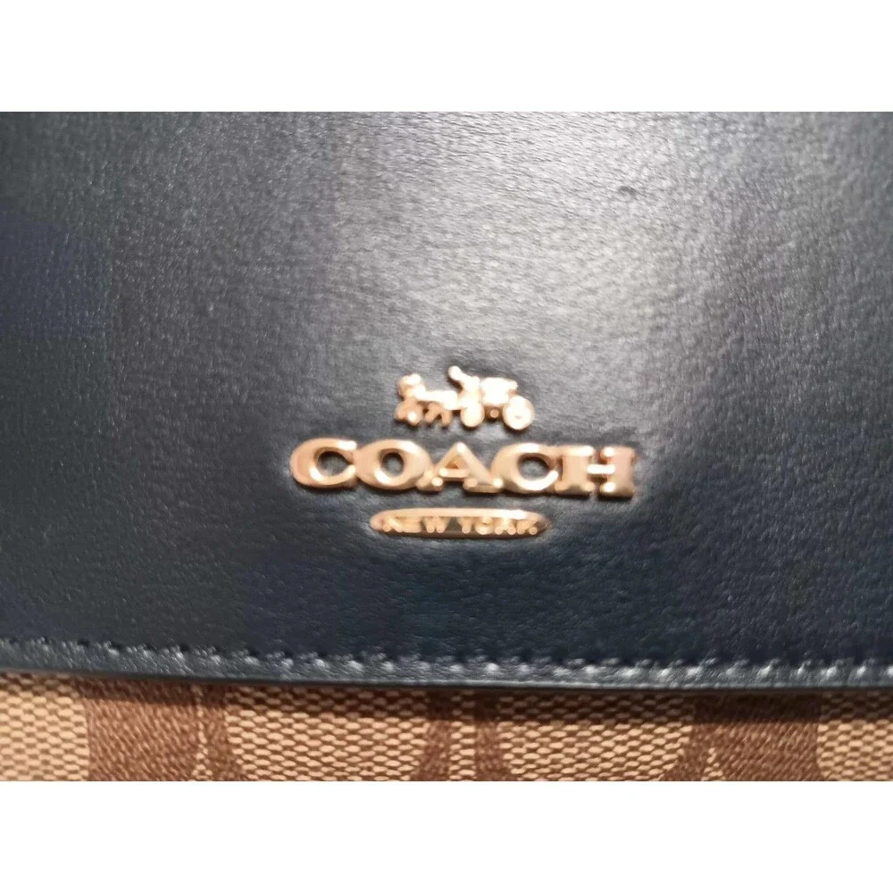 COACH Trifold Wallet Mid-Night Blue Leather / Signature Tan Canvas 88024